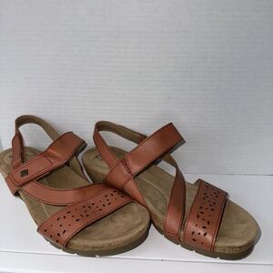 Earth Origins Kendra Khloe 9.5, Sandals Ginger,Cork Wedge, Leather Strap Open